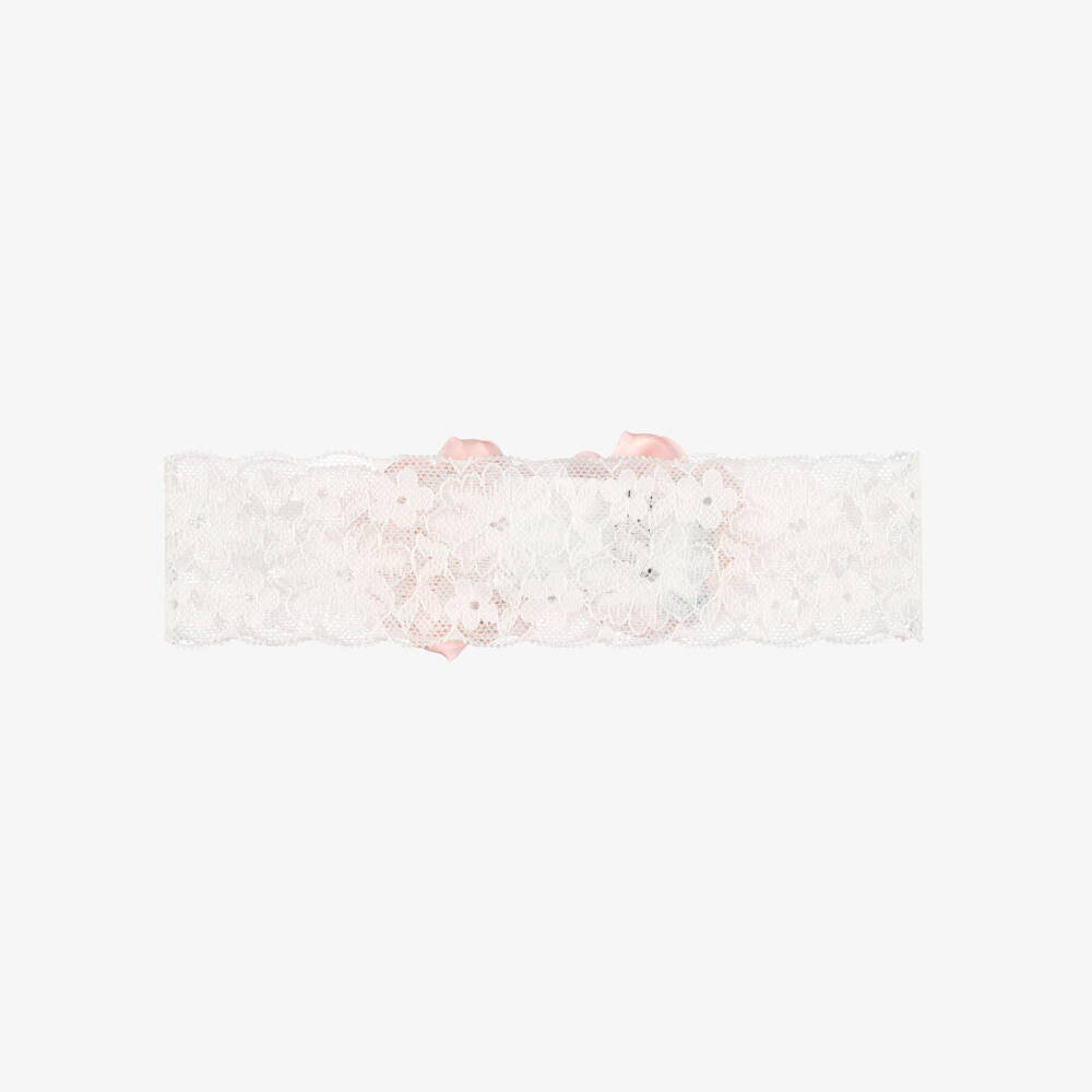 Abel & Lula-Baby Girls White Lace Headband with Pink Satin Flower Detail | Childrensalon
