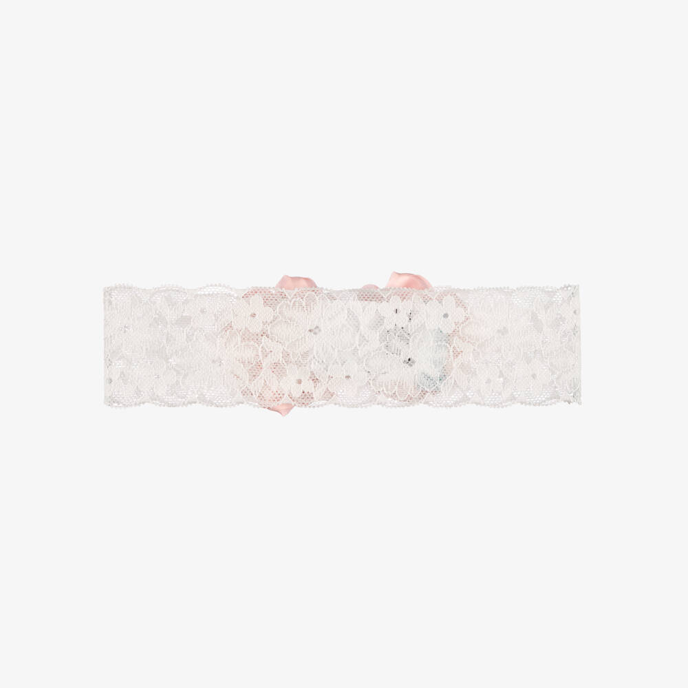 Abel & Lula-Baby Girls White Lace Headband with Pink Satin Flower Detail | Childrensalon