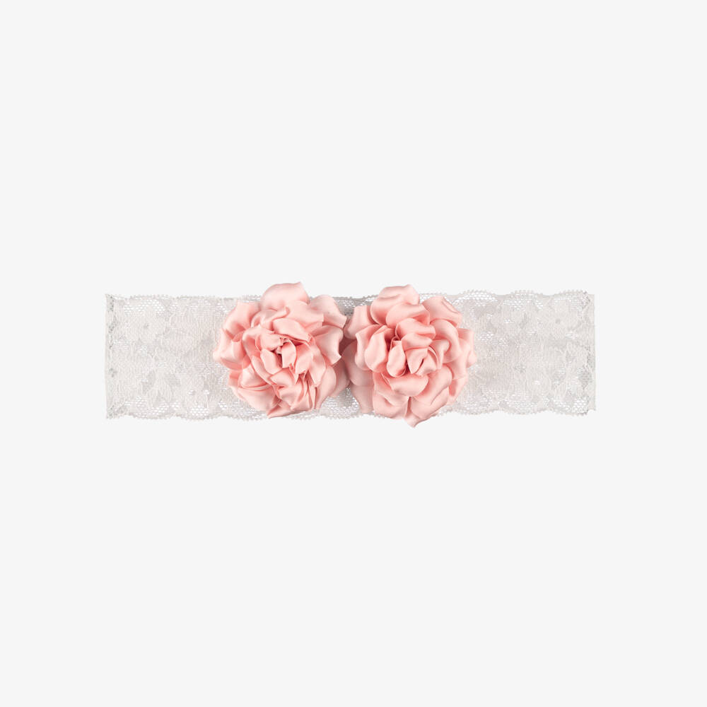 Abel & Lula-Baby Girls White Lace Headband with Pink Satin Flower Detail | Childrensalon