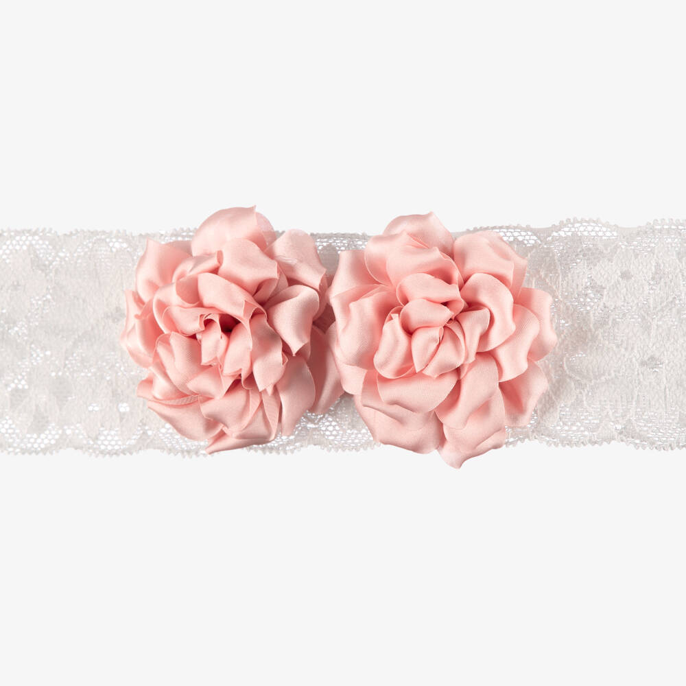 Abel & Lula-Baby Girls White Lace Headband with Pink Satin Flower Detail | Childrensalon