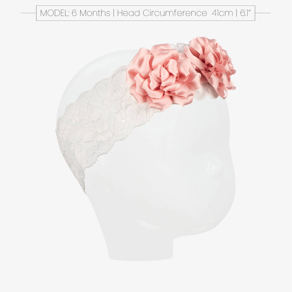 Abel & Lula-Baby Girls White Lace Headband with Pink Satin Flower Detail | Childrensalon