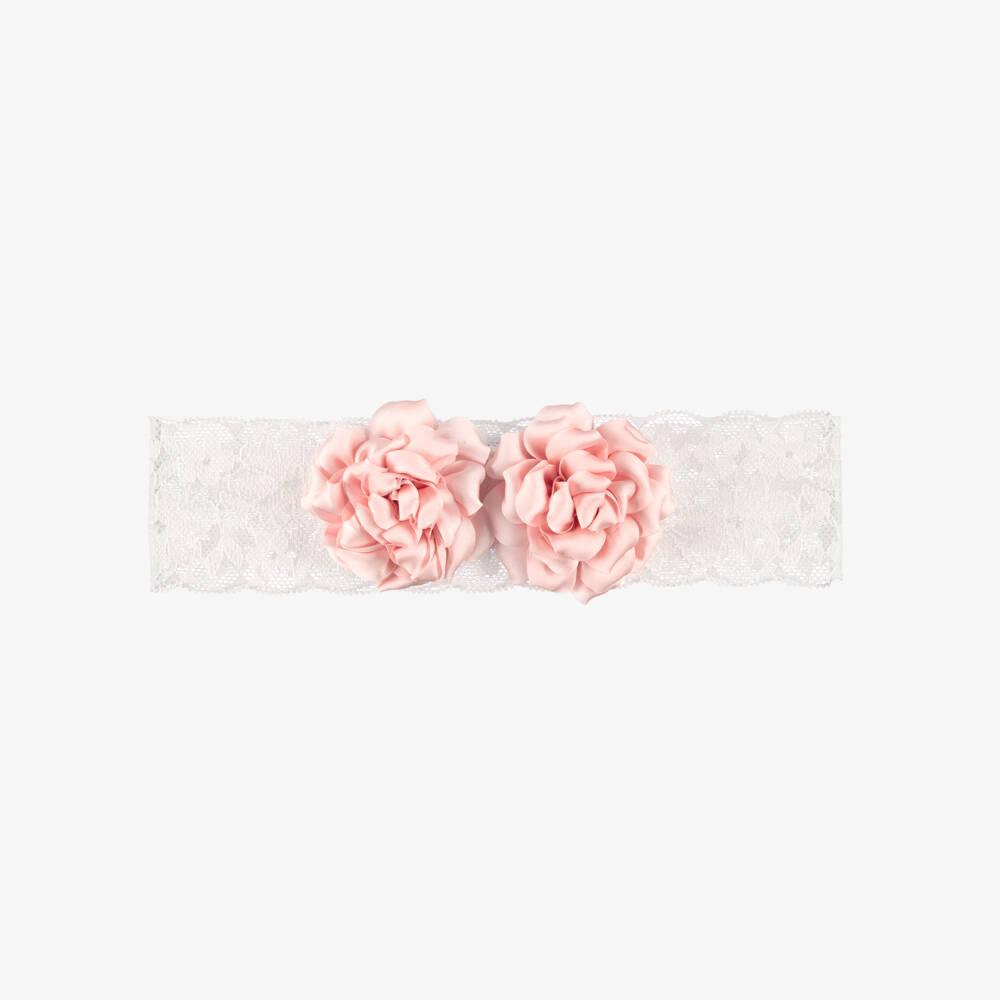 Abel & Lula-Baby Girls White Lace Headband with Pink Satin Flower Detail | Childrensalon