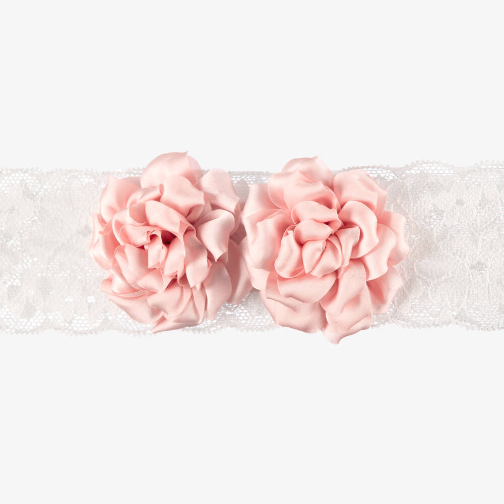Abel & Lula-Baby Girls White Lace Headband with Pink Satin Flower Detail | Childrensalon