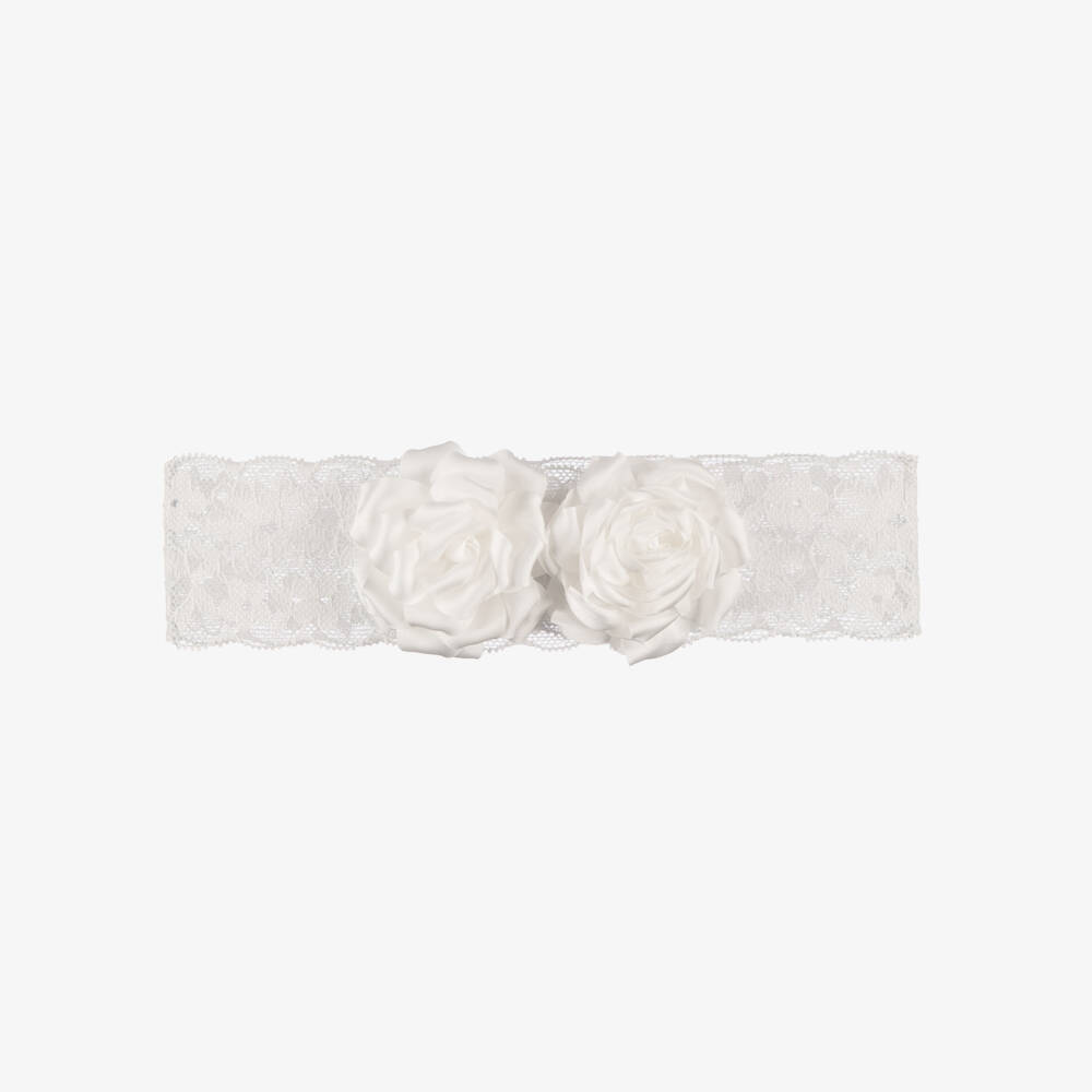 Abel & Lula-Baby Girls White Lace Headband with Satin Flower Detail | Childrensalon