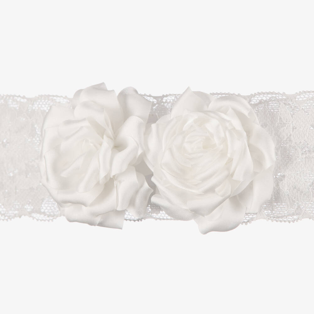 Abel & Lula-Baby Girls White Lace Headband with Satin Flower Detail | Childrensalon