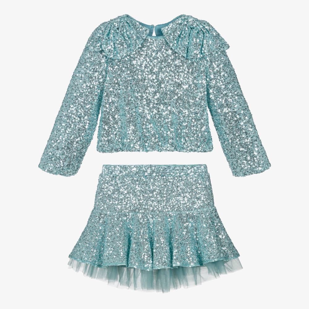 Abel & Lula-Girls Aqua Blue Sequin Skirt Set | Childrensalon