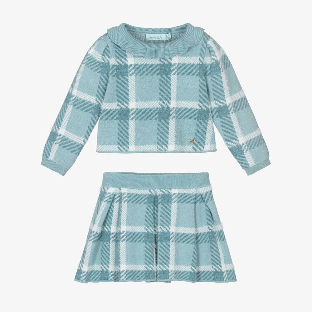 Abel & Lula-Girls Aqua Blue Tartan Fluffy Knit Skirt Set | Childrensalon