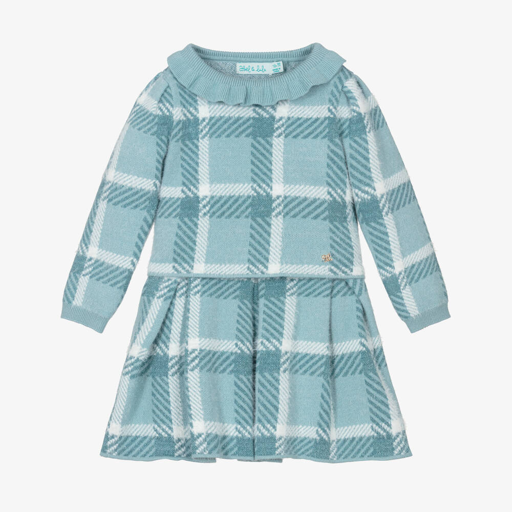 Abel & Lula-Girls Aqua Blue Tartan Fluffy Knit Skirt Set | Childrensalon