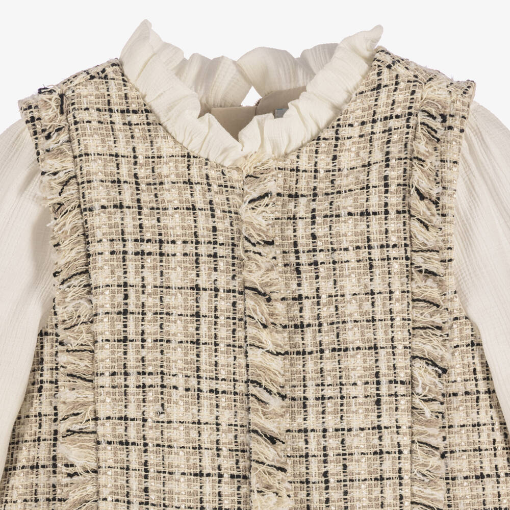 Abel & Lula-Girls Beige & Black Tweed Shorts Set | Childrensalon
