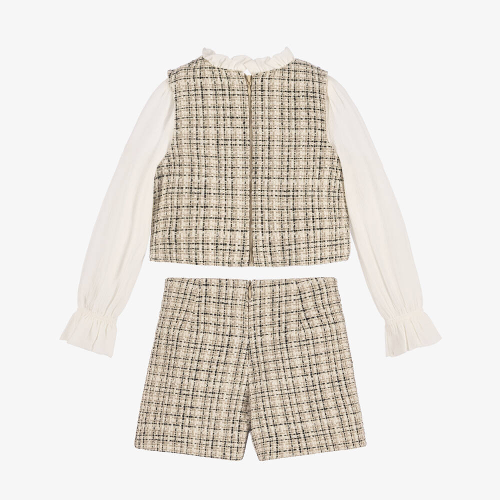 Abel & Lula-Girls Beige & Black Tweed Shorts Set | Childrensalon