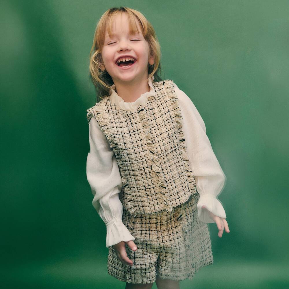 Abel & Lula-Girls Beige & Black Tweed Shorts Set | Childrensalon