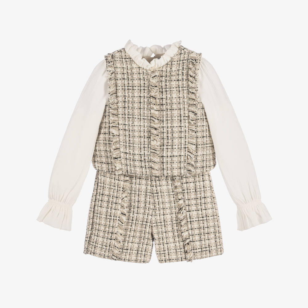 Abel & Lula-Girls Beige & Black Tweed Shorts Set | Childrensalon