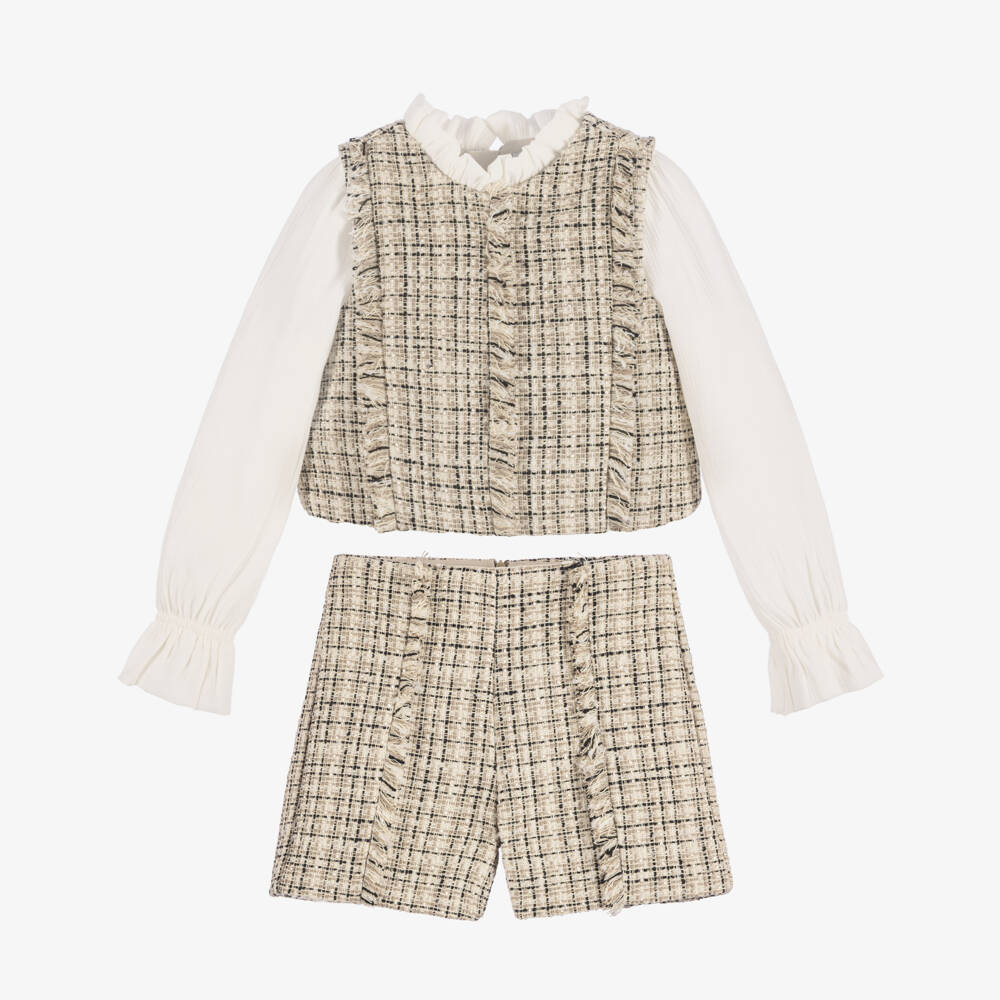Abel & Lula-Girls Beige & Black Tweed Shorts Set | Childrensalon