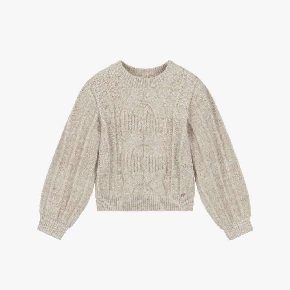Abel & Lula-Girls Beige Cable Knit Sweater | Childrensalon
