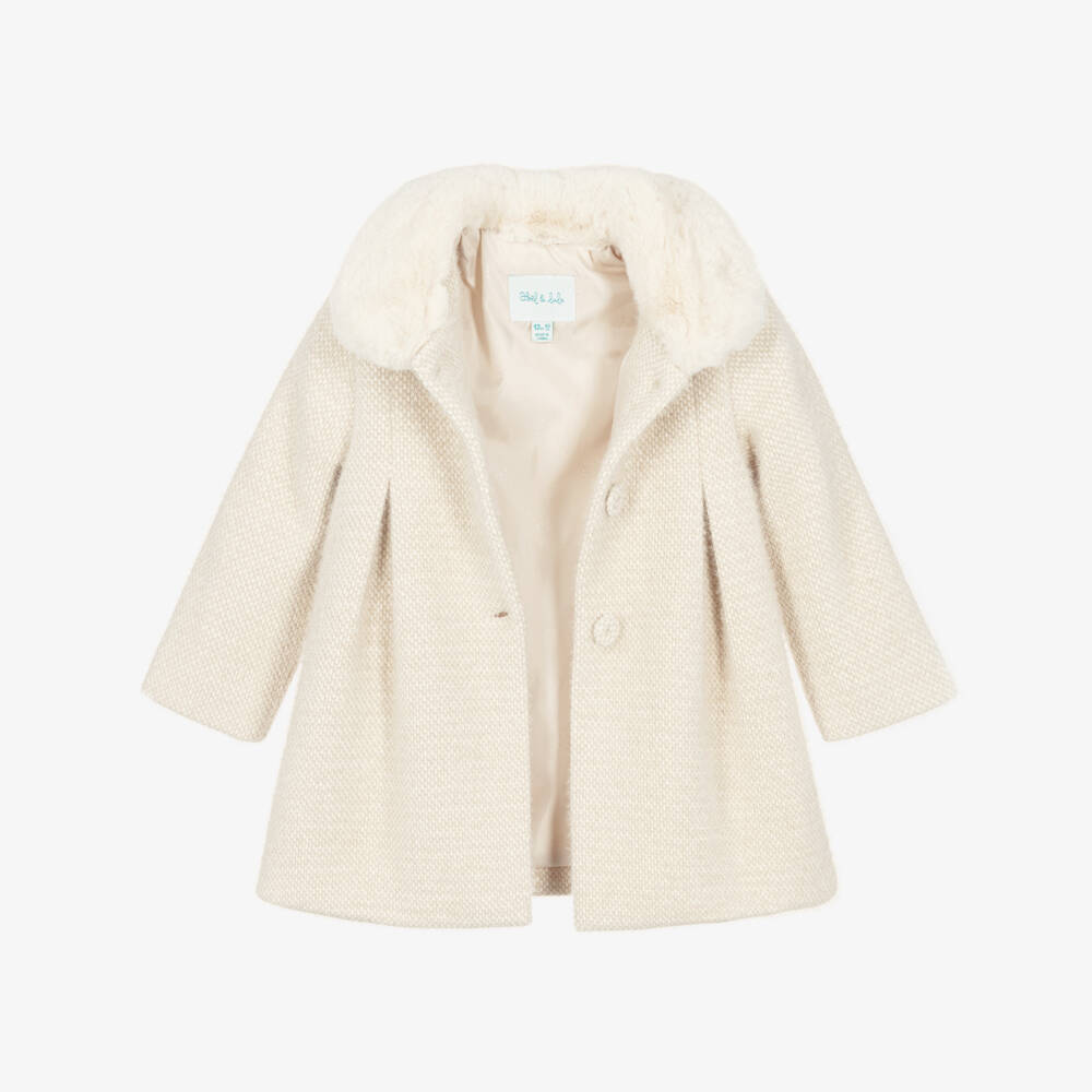 Abel & Lula-Girls Beige Fluffy Coat with Faux Fur Collar | Childrensalon