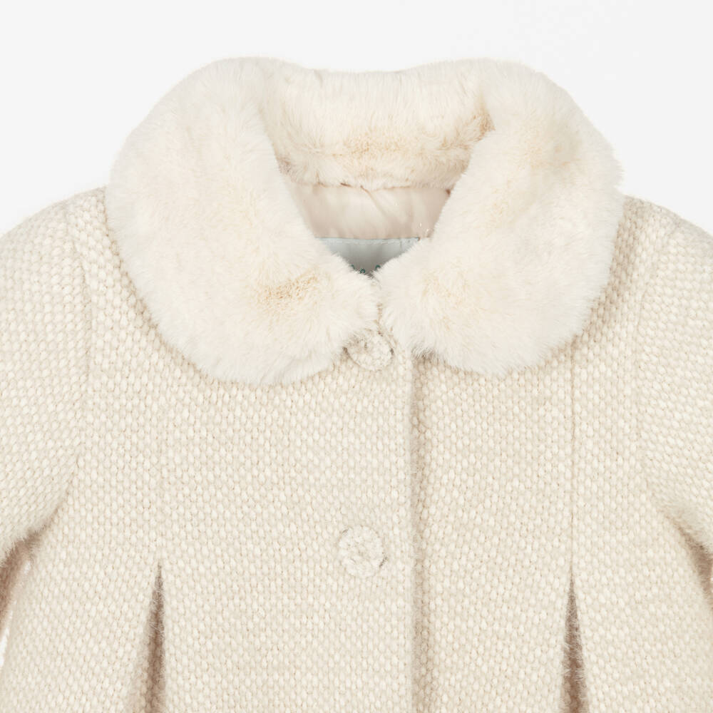 Abel & Lula-Girls Beige Fluffy Coat with Faux Fur Collar | Childrensalon