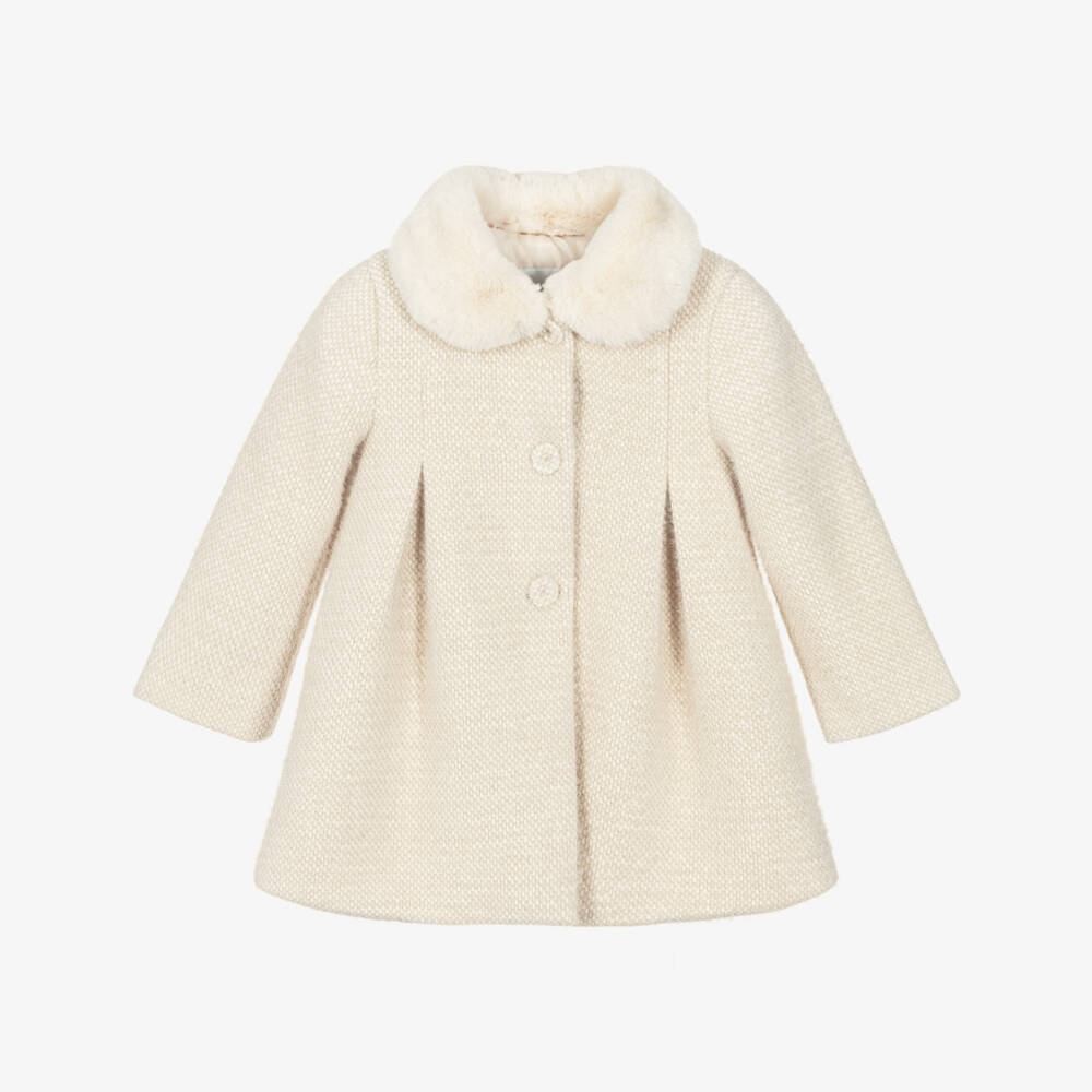 Abel & Lula-Girls Beige Fluffy Coat with Faux Fur Collar | Childrensalon