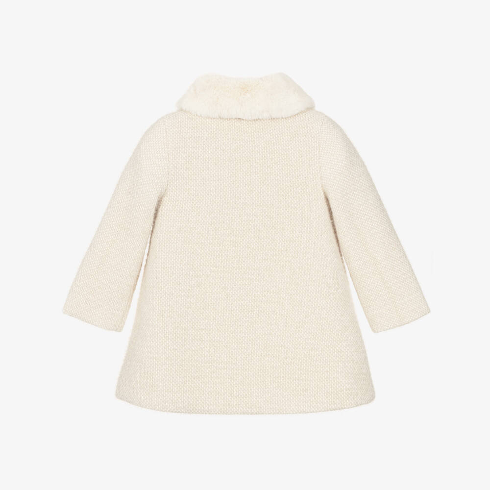 Abel & Lula-Girls Beige Fluffy Coat with Faux Fur Collar | Childrensalon