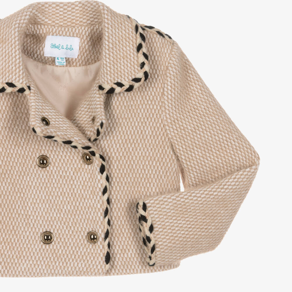 Abel & Lula-Girls Beige Fluffy Jacket with Braided Trim | Childrensalon
