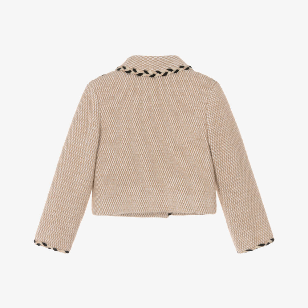 Abel & Lula-Girls Beige Fluffy Jacket with Braided Trim | Childrensalon