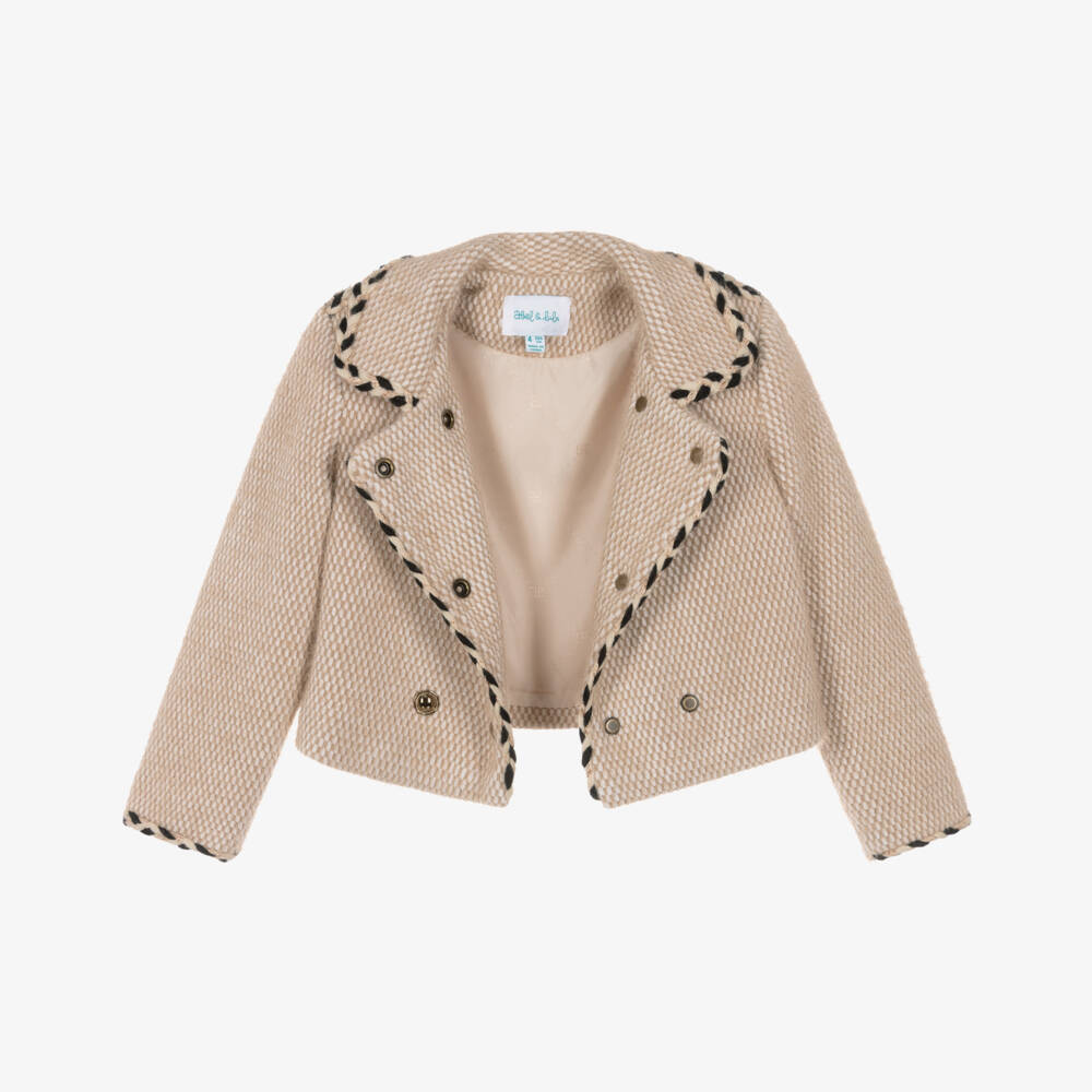 Abel & Lula-Girls Beige Fluffy Jacket with Braided Trim | Childrensalon