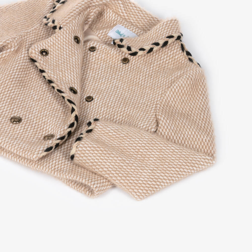 Abel & Lula-Girls Beige Fluffy Jacket with Braided Trim | Childrensalon
