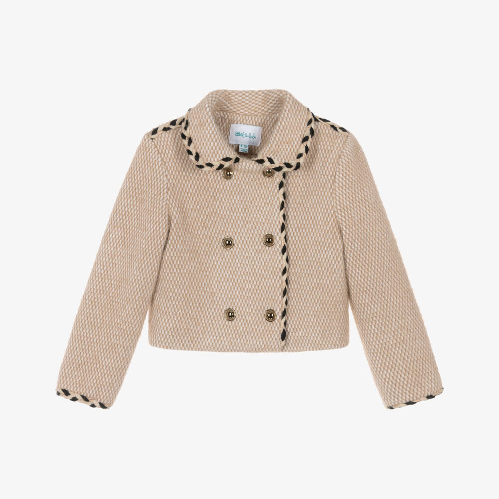 Abel & Lula-Girls Beige Fluffy Jacket with Braided Trim | Childrensalon