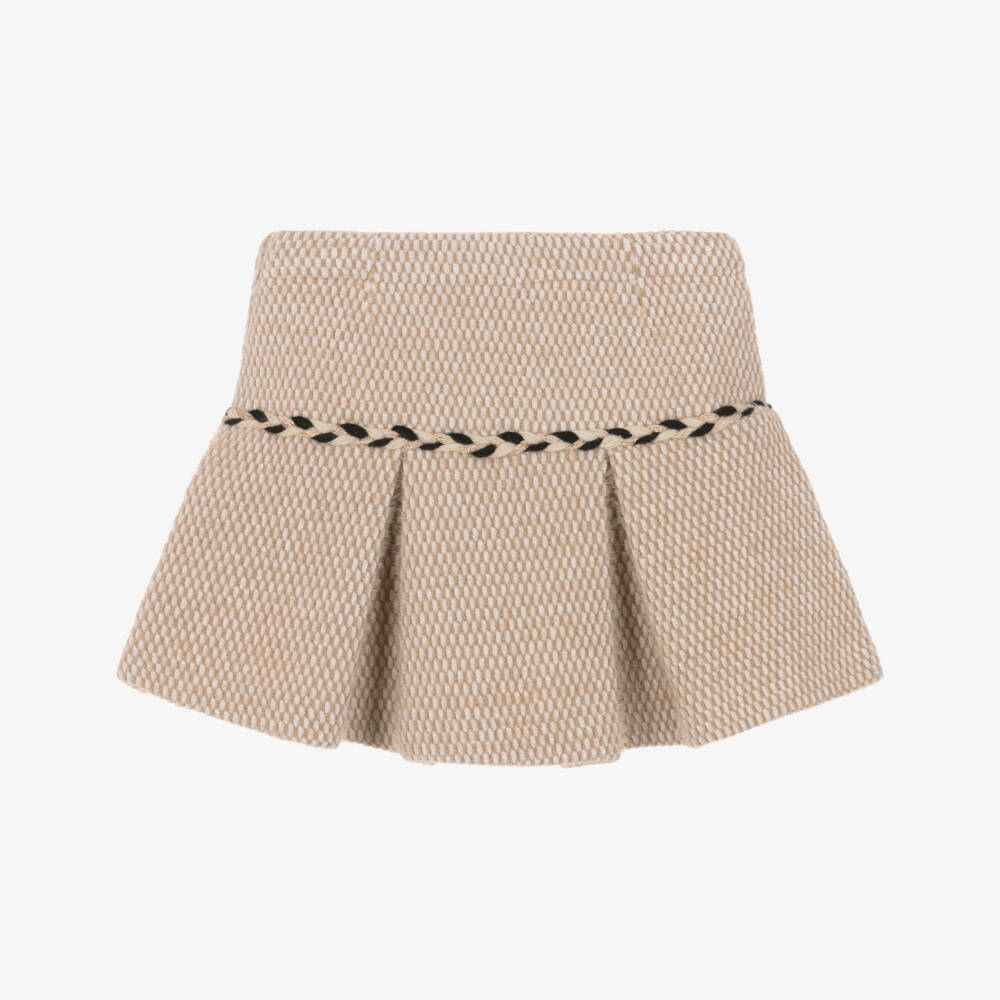 Abel & Lula-Girls Beige Fluffy Skirt with Braided Trim | Childrensalon