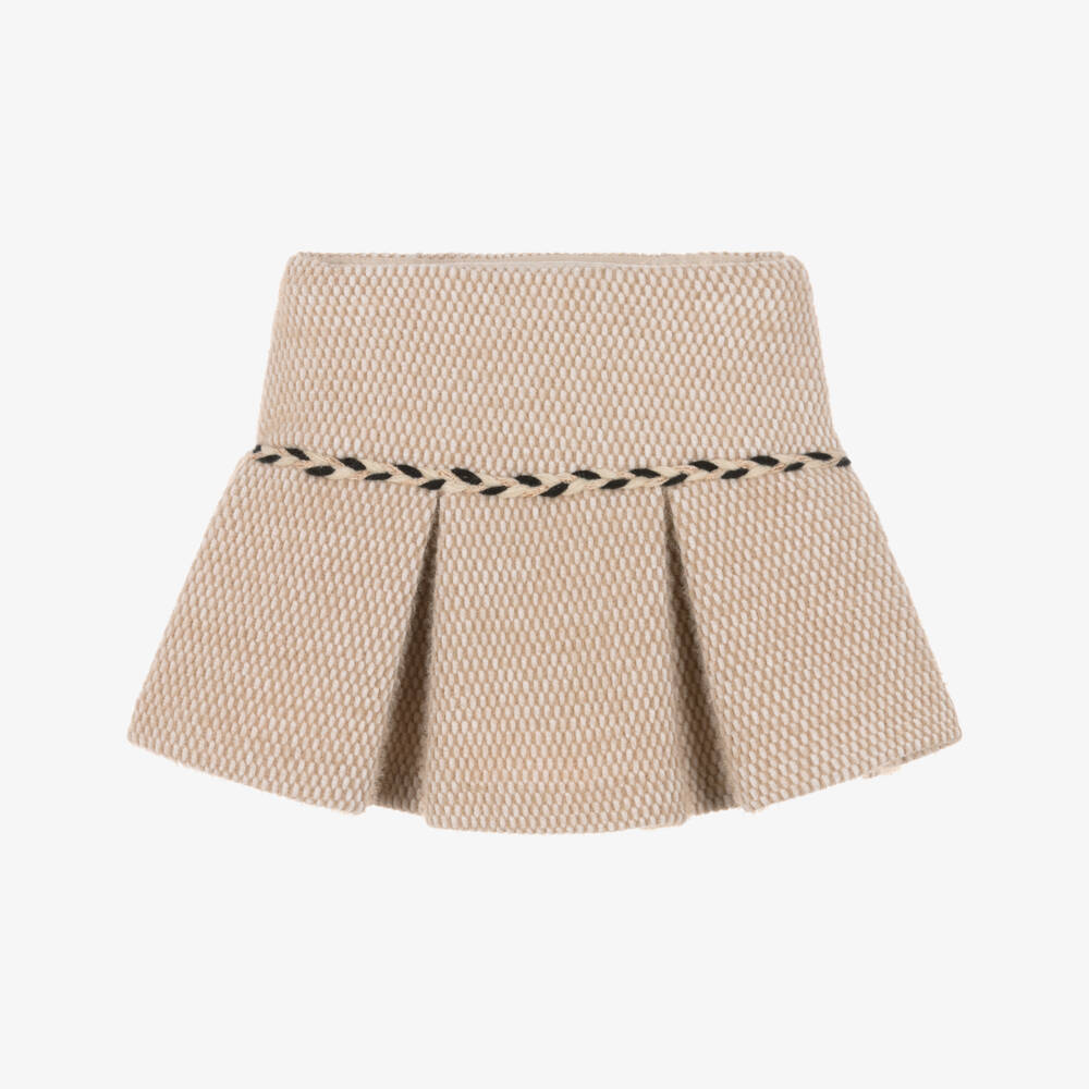 Abel & Lula-Girls Beige Fluffy Skirt with Braided Trim | Childrensalon