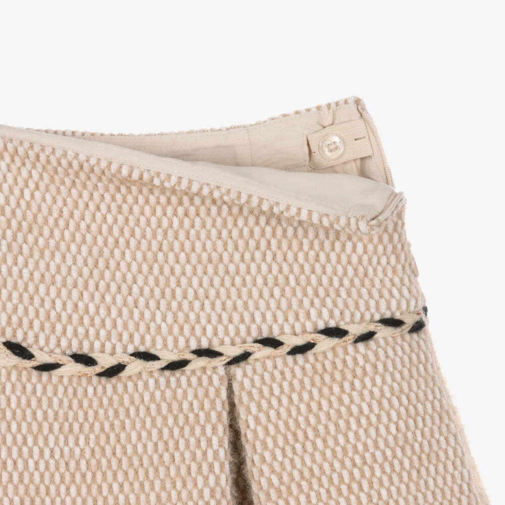 Abel & Lula-Girls Beige Fluffy Skirt with Braided Trim | Childrensalon
