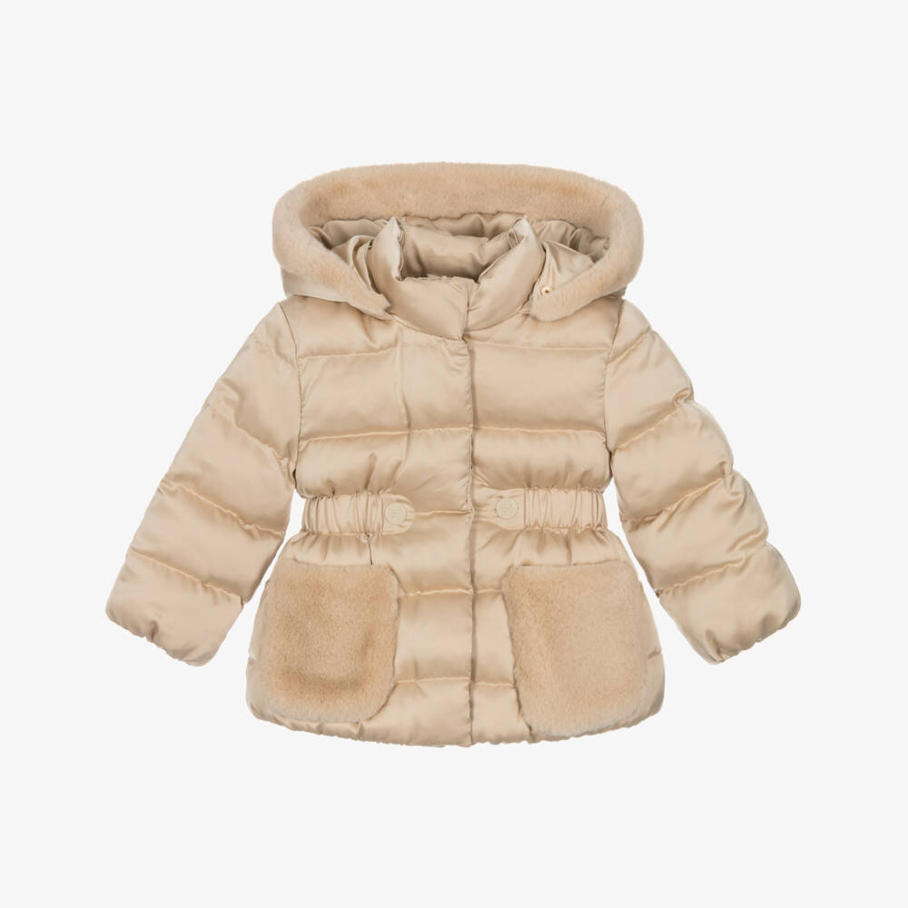 Abel & Lula-Girls Beige Hooded Puffer Coat | Childrensalon