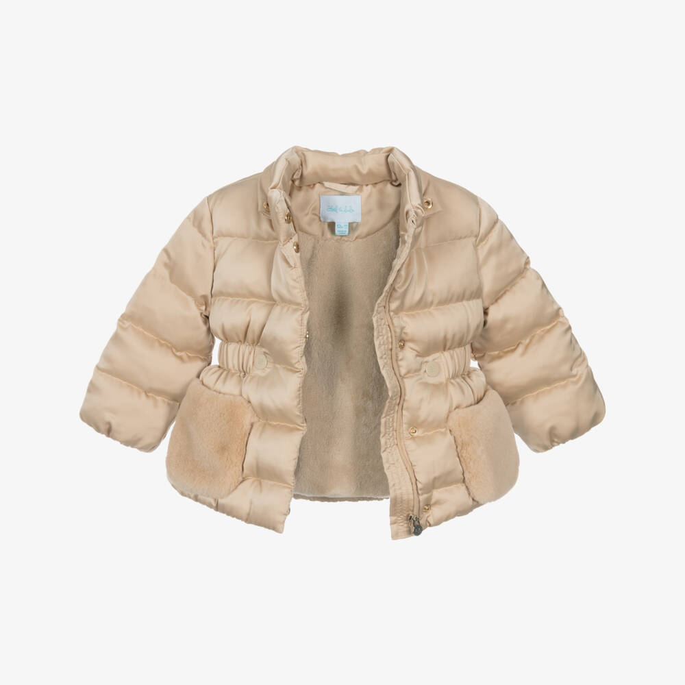 Abel & Lula-Girls Beige Hooded Puffer Coat | Childrensalon
