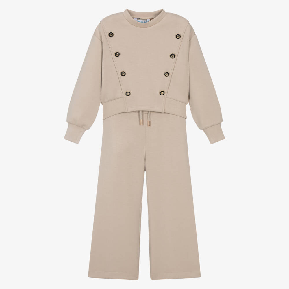 Abel & Lula-Girls Beige Jersey Wide-Leg Trouser Set | Childrensalon