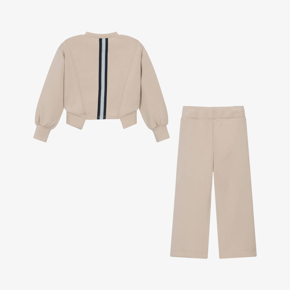 Abel & Lula-Girls Beige Jersey Wide-Leg Trouser Set | Childrensalon