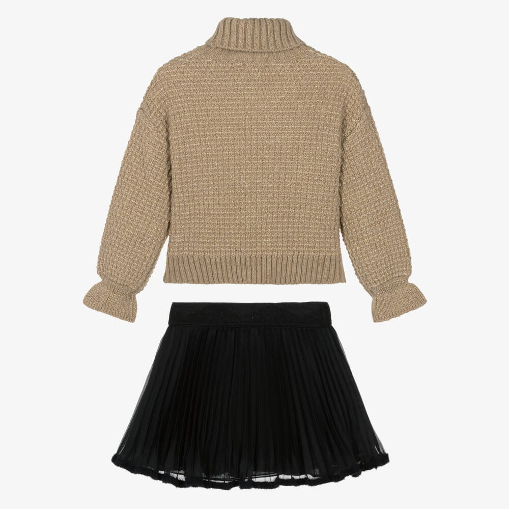 Abel & Lula-Girls Beige Knit Sweater & Black Organza Skirt Set | Childrensalon