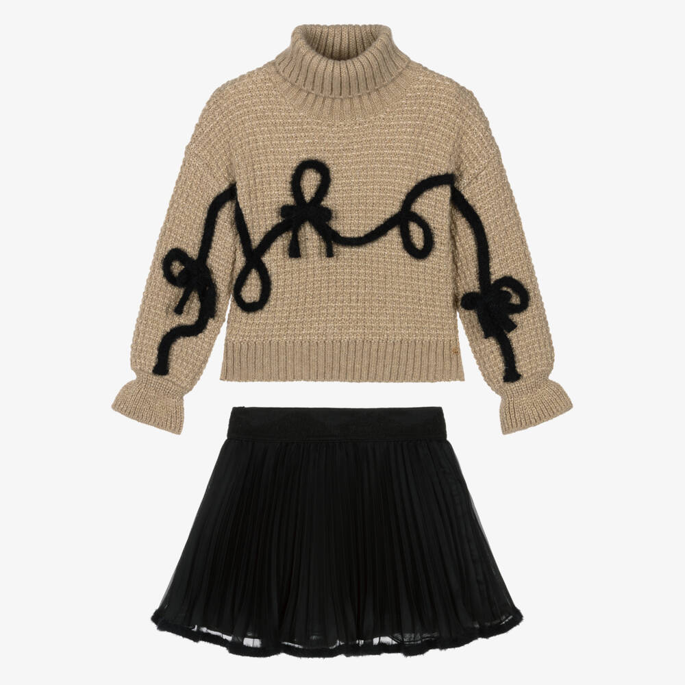 Abel & Lula-Girls Beige Knit Sweater & Black Organza Skirt Set | Childrensalon