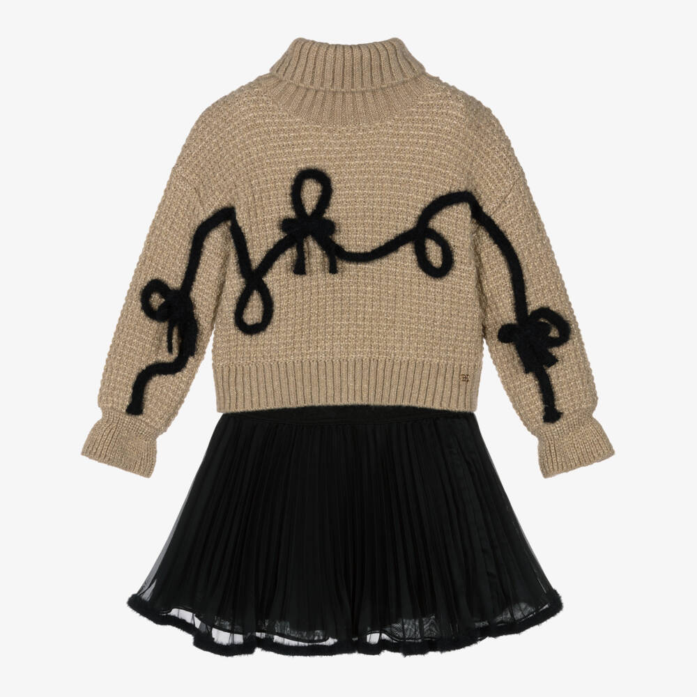Abel & Lula-Girls Beige Knit Sweater & Black Organza Skirt Set | Childrensalon