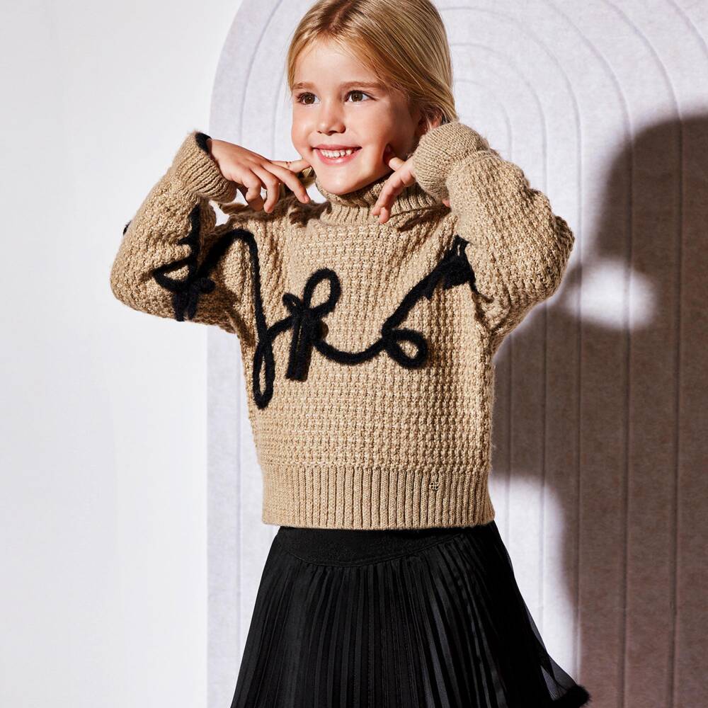 Abel & Lula-Girls Beige Knit Sweater & Black Organza Skirt Set | Childrensalon