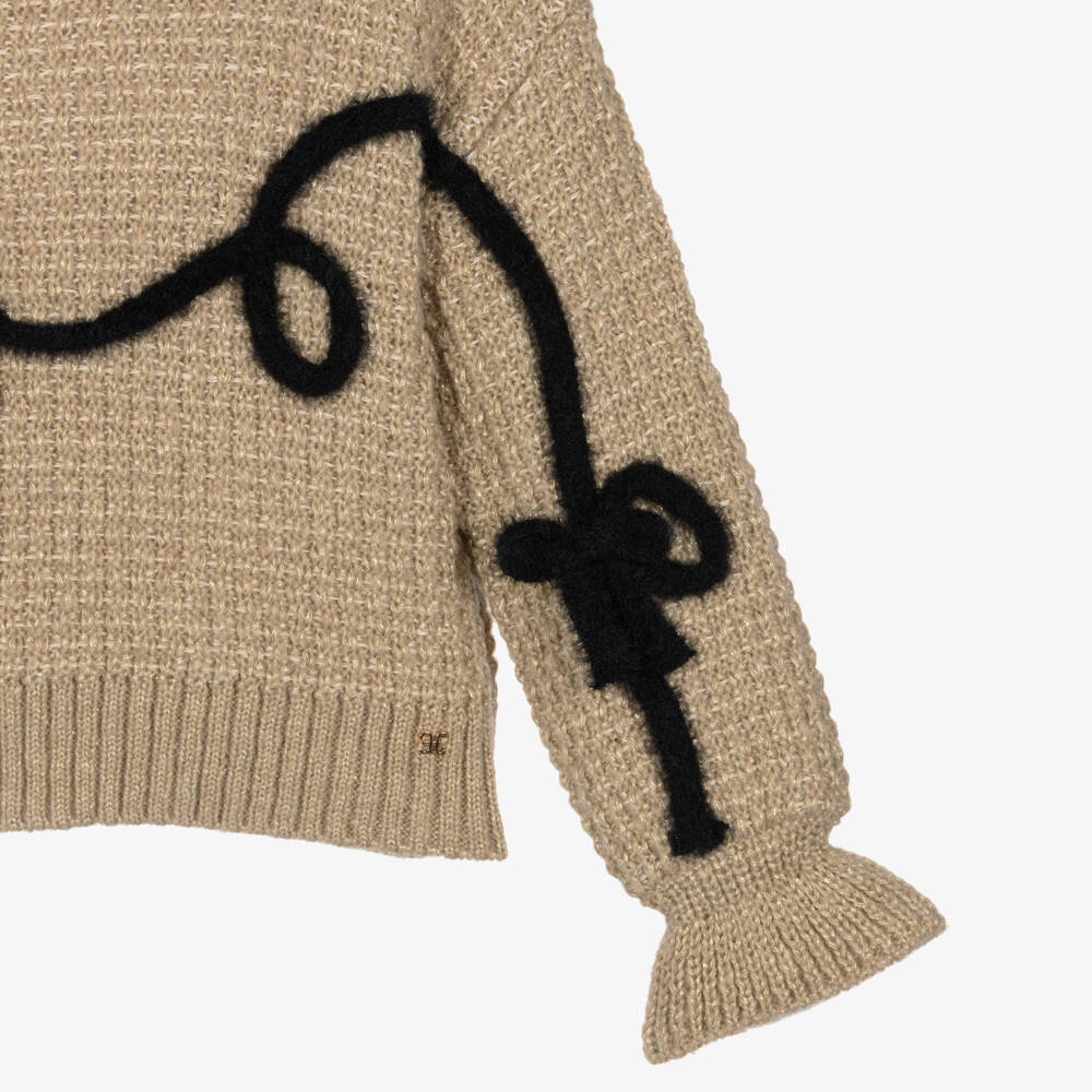 Abel & Lula-Girls Beige Knit Sweater & Black Organza Skirt Set | Childrensalon