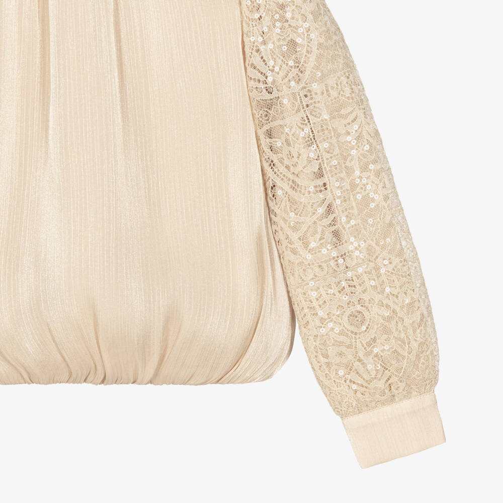 Abel & Lula-Girls Beige Lace & Sequin Trouser Set | Childrensalon