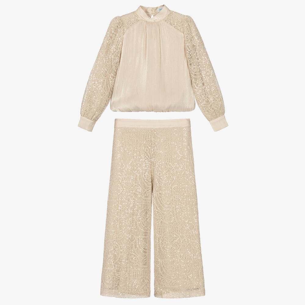Abel & Lula-Girls Beige Lace & Sequin Trouser Set | Childrensalon