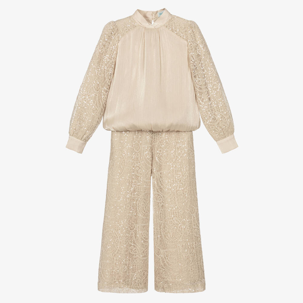 Abel & Lula-Girls Beige Lace & Sequin Trouser Set | Childrensalon