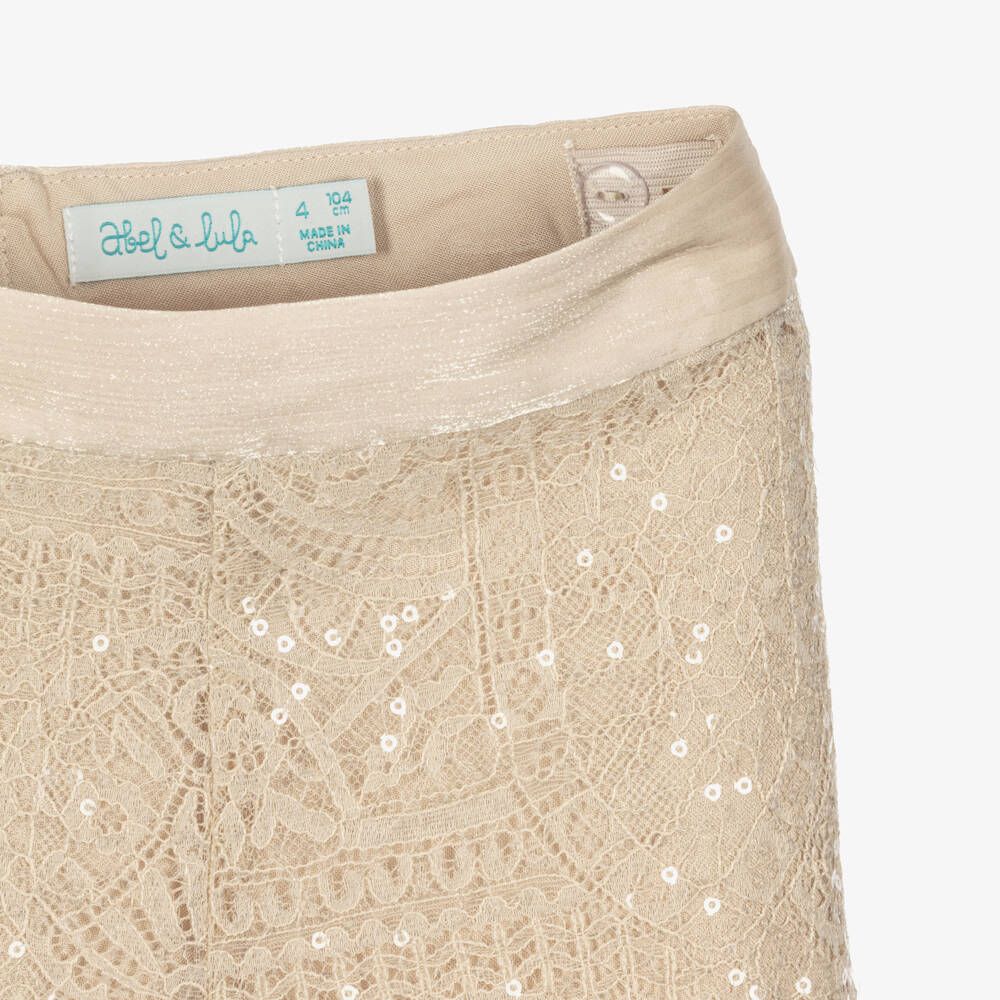 Abel & Lula-Girls Beige Lace & Sequin Trouser Set | Childrensalon