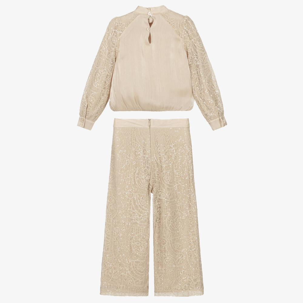 Abel & Lula-Girls Beige Lace & Sequin Trouser Set | Childrensalon