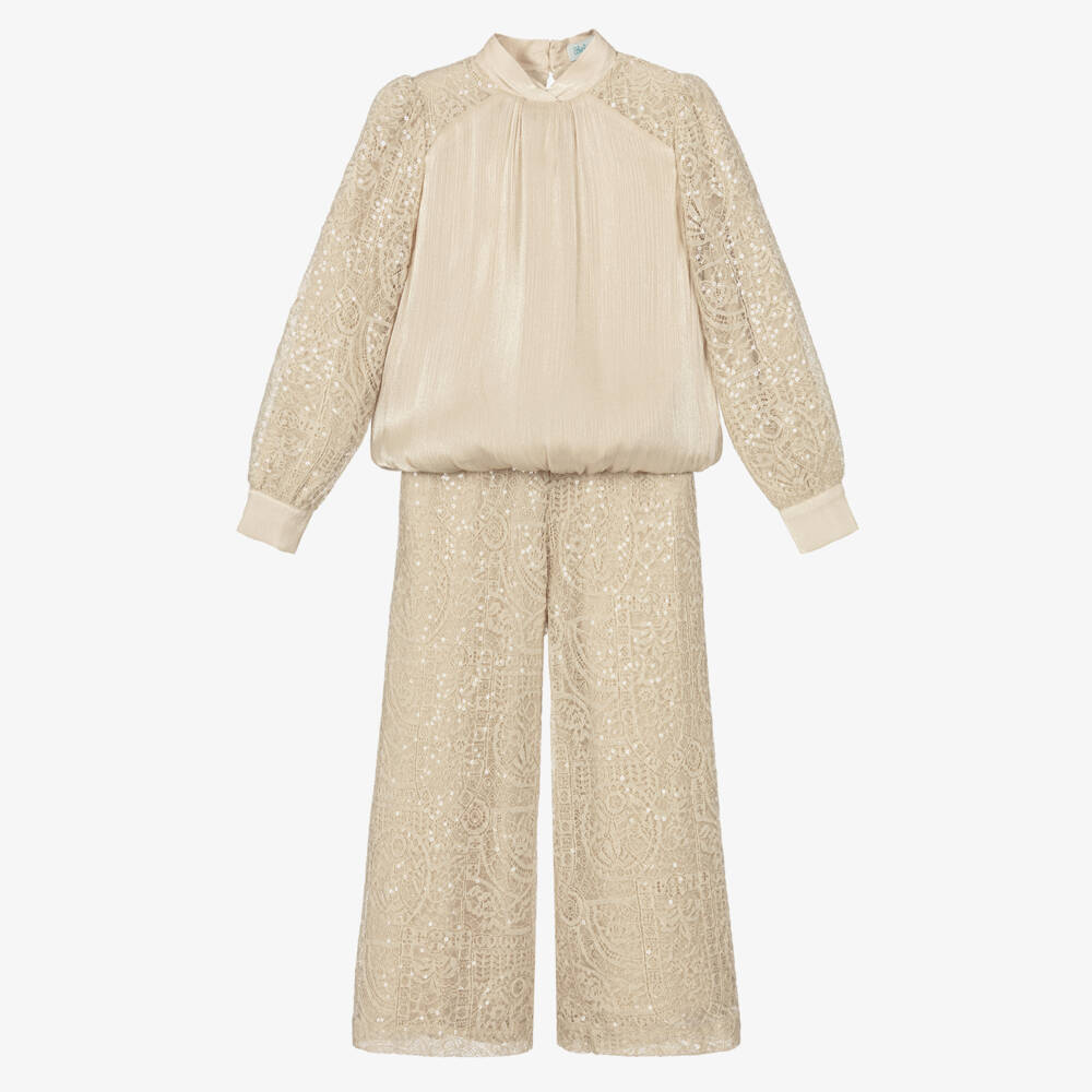 Abel & Lula-Girls Beige Lace & Sequin Trouser Set | Childrensalon