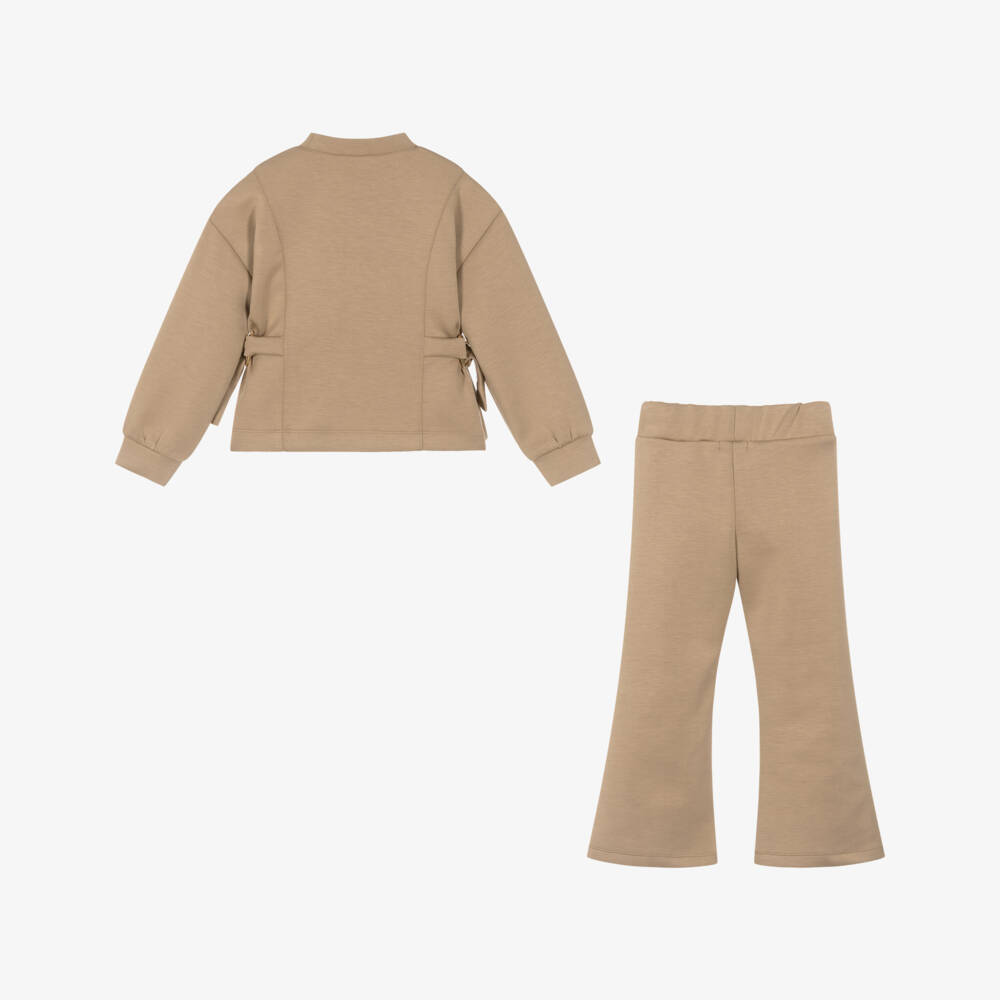 Abel & Lula-Girls Beige Milano Jersey Wide-Leg Trouser Set | Childrensalon