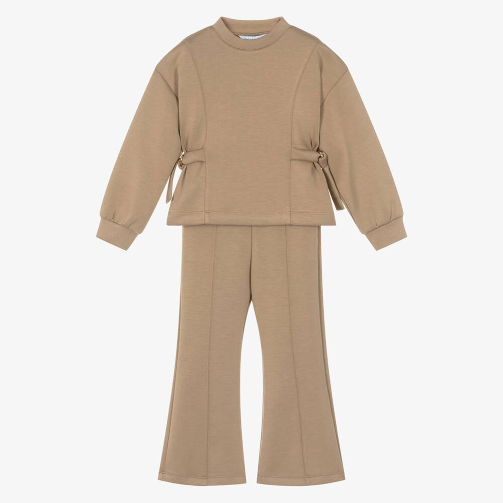 Abel & Lula-Girls Beige Milano Jersey Wide-Leg Trouser Set | Childrensalon