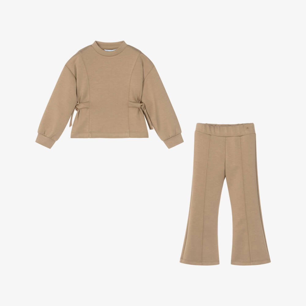 Abel & Lula-Girls Beige Milano Jersey Wide-Leg Trouser Set | Childrensalon