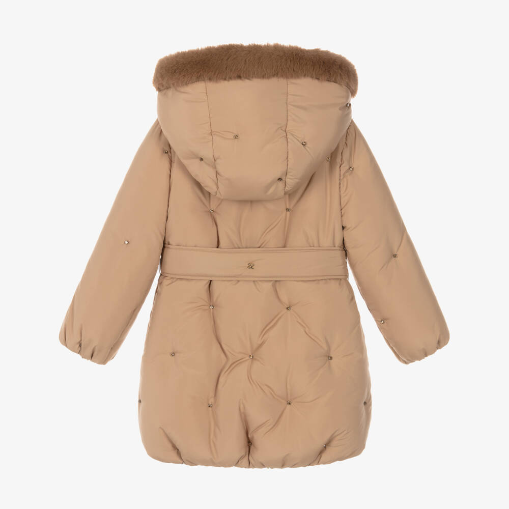 Abel & Lula-Girls Beige Padded Coat with Rhinestones | Childrensalon