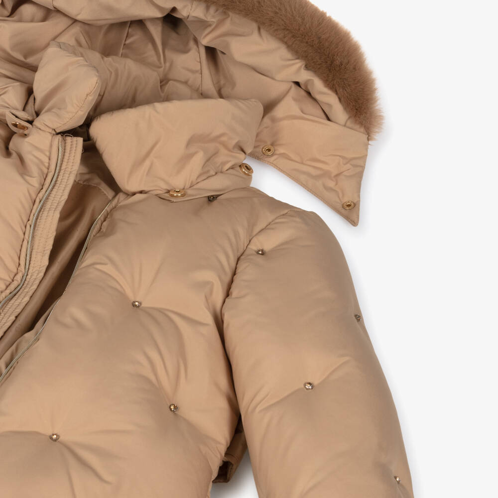 Abel & Lula-Girls Beige Padded Coat with Rhinestones | Childrensalon